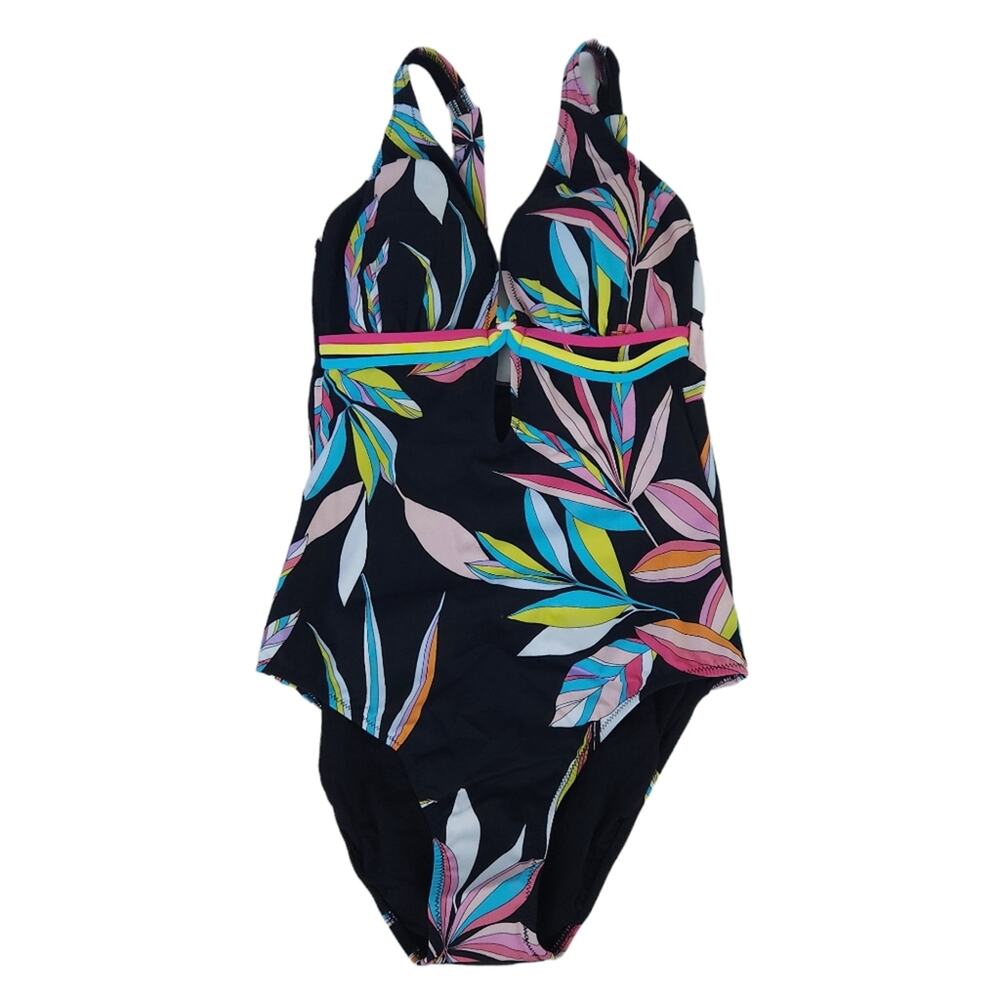 NEW Profile Gottex Swimsuit Black Tropical Flower Size 8 One Piece Bathing Suit